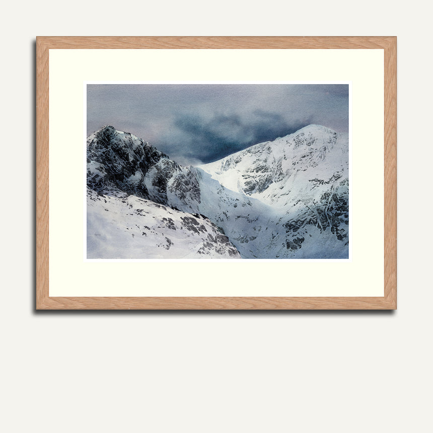 Framed Craig Cau and Cader Idris in snow.