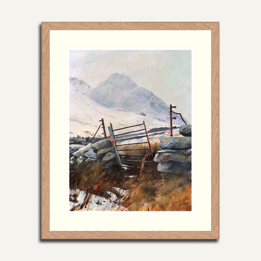 A limited edition print of Tryfan through a stone wall., from an original oil [painting by Rob Piercy