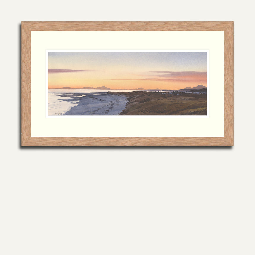 A solitary figure on Morfa Bychan beach, a watercolour print by Rob Piercy