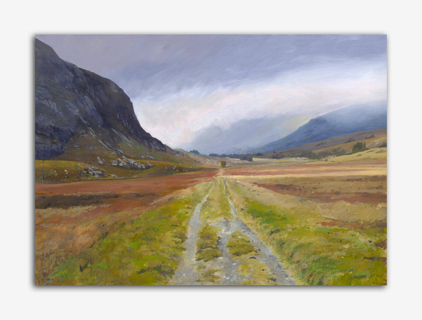 An oil Painting of the old road from Capel Curig along the Ogwen valley. An oil painting by Rob Piercy