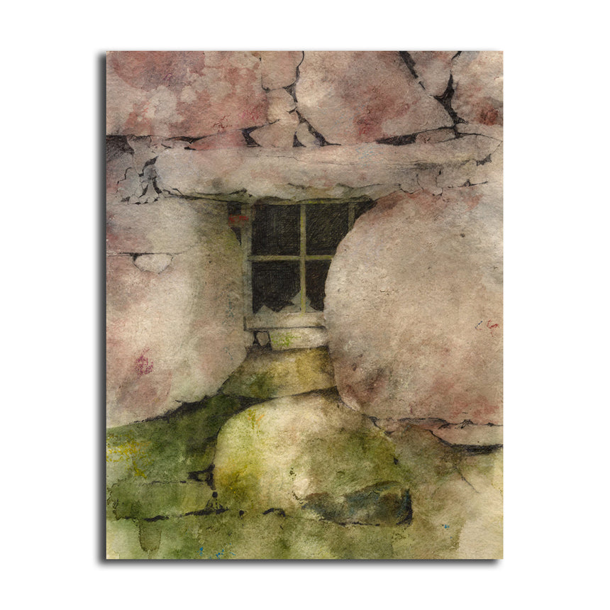 A basement window at the remote farmhouse of Erwsuran. A mixed media painting by Rob Piercy.