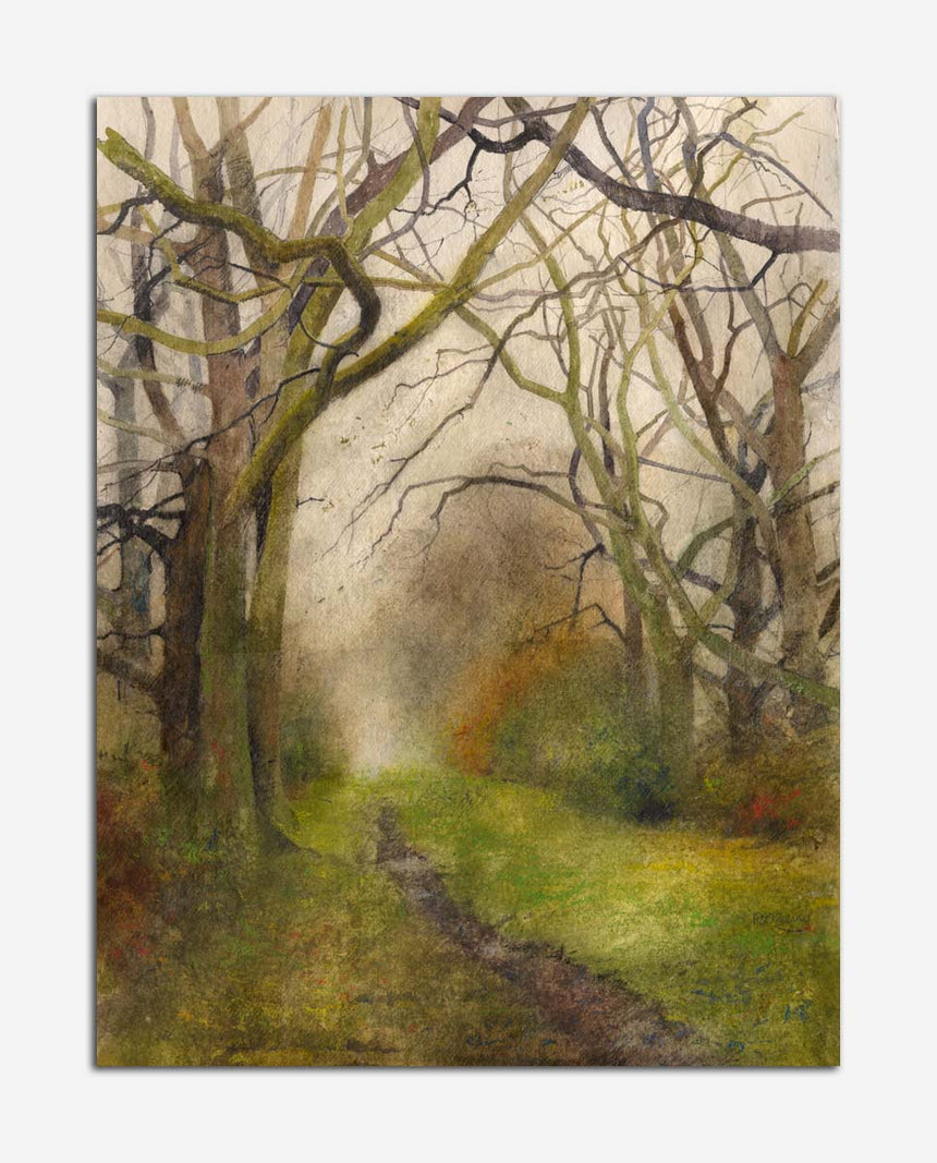 The Lon Goed is a green lane in Eifionydd, which is in the county of Gwynedd. It is a mixed medium painting by Rob Piercy
